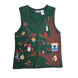 Vintage Women's Green Birdhouse Tree Embroidered Button Up Vest Sweater M